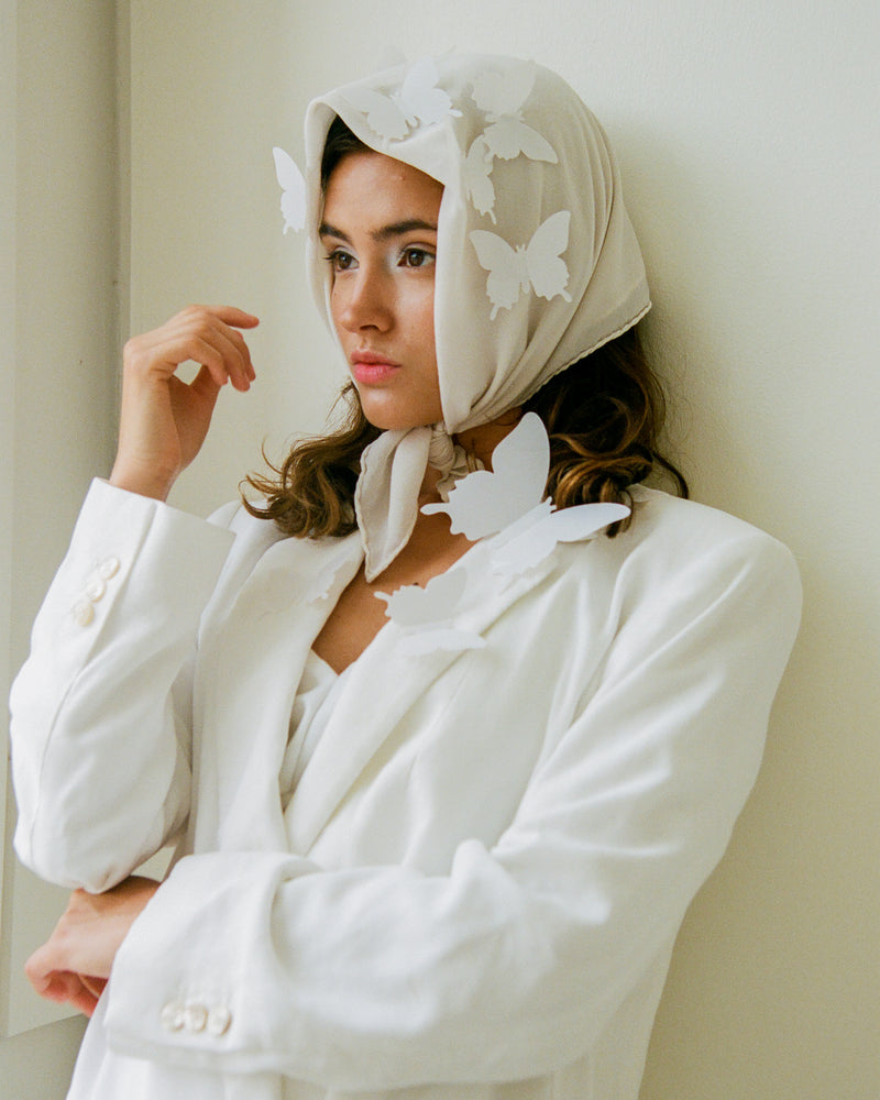 The Tono + co Classic Scarf in Bone makes the perfect everyday accessory. Lovingly hand-dyed in Santa Ana, California and available in 24 signature colors. Styled by Erica Kopp of Stay Co for our Spring 2019 lookbook | image by Tess Comrie