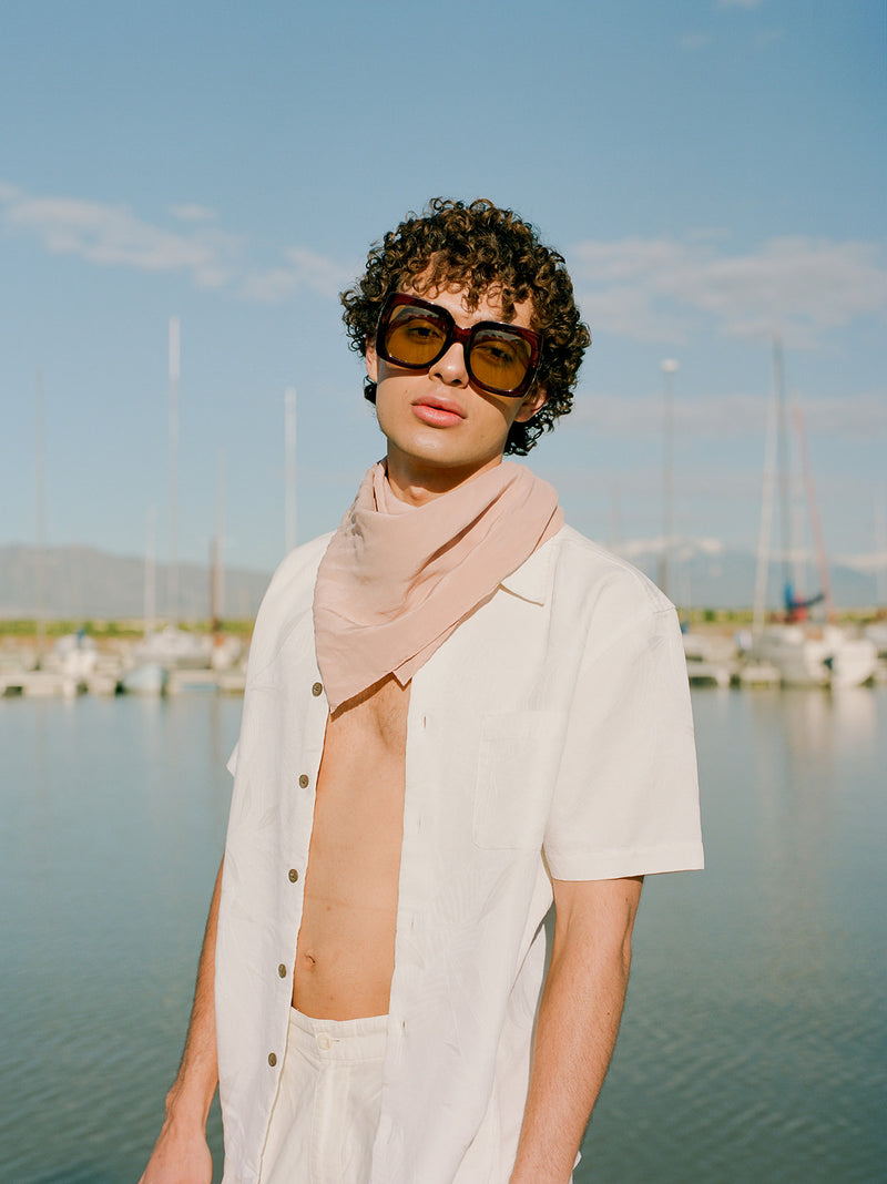 The Tono + co Classic Scarf in Blush makes the perfect everyday accessory. Lovingly hand-dyed in Santa Ana, California and available in 24 signature colors. Styled by Erica Kopp of Stay Co for our Summer 2019 lookbook | image by Tess Comrie
